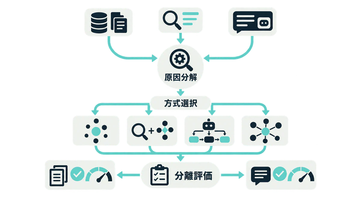 「RAGの精度を向上するには?原因の見分け方と方式の選び方」の要点と関係を整理した生成図解カバー画像